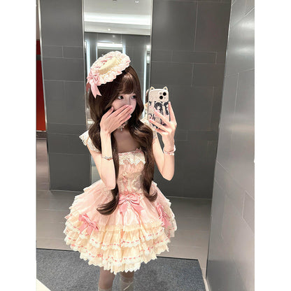 Cute Ball Gown Square Neck Pink Short Lace Summer 18th Birthday Dress Lolita Dress Birthday Outfits W1249
