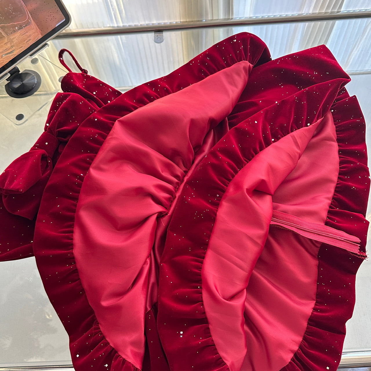 Cute Spaghetti Straps Red Ruffles Velvet Summer Dress 3 Pieces Holiday Party Outfits For Women DP0092