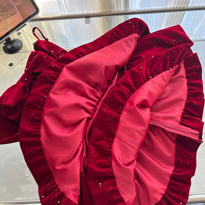 Cute Spaghetti Straps Red Ruffles Velvet Summer Dress 3 Pieces Holiday Party Outfits For Women DP0092