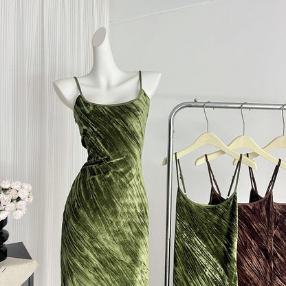 Sexy Mermaid Spaghetti Straps Velvet Green Summer Dress Holiday Party Outfits For Women DP0093