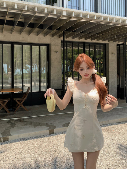 French blue floral A-line V-neck dress ED0807