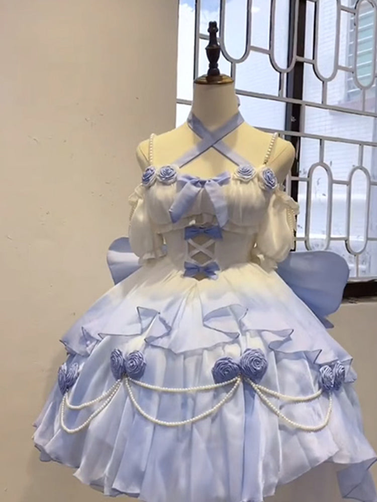 Vintage Ball Gown Off The Shoulder Ombre Blue Chiffon 22th Birthday Dresses Lolita Dress Cute Lolita Outfits DH2448