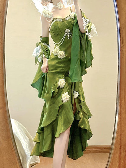 Vintage High Low Spaghetti Straps Green 16th Birthday Dress With Sleeves Lolita Dress Satin Birthday Outfits DP0223