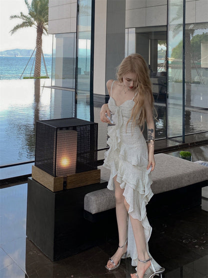 Sweet hot girl style irregular ruffled floral suspender long skirt ED0417