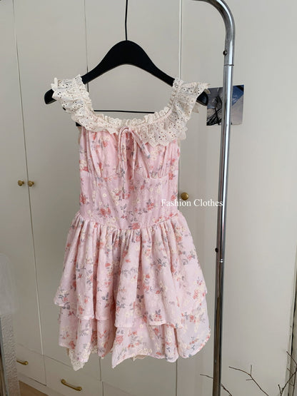 Cute Ball Gown Square Satin Floral Pink Short Summer Dress Holiday Party Outfits For Women DP1406