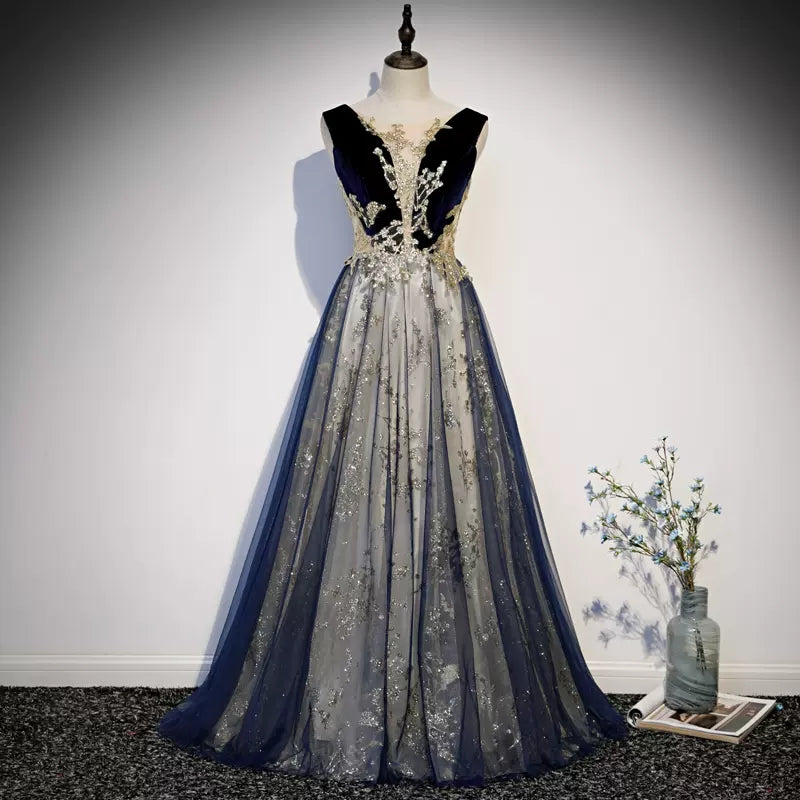Navy Blue Tulle Long Prom Dresses SH122