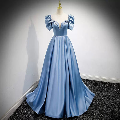 Simple A line Satin Light Sky Blue Long Prom Dresses SH219