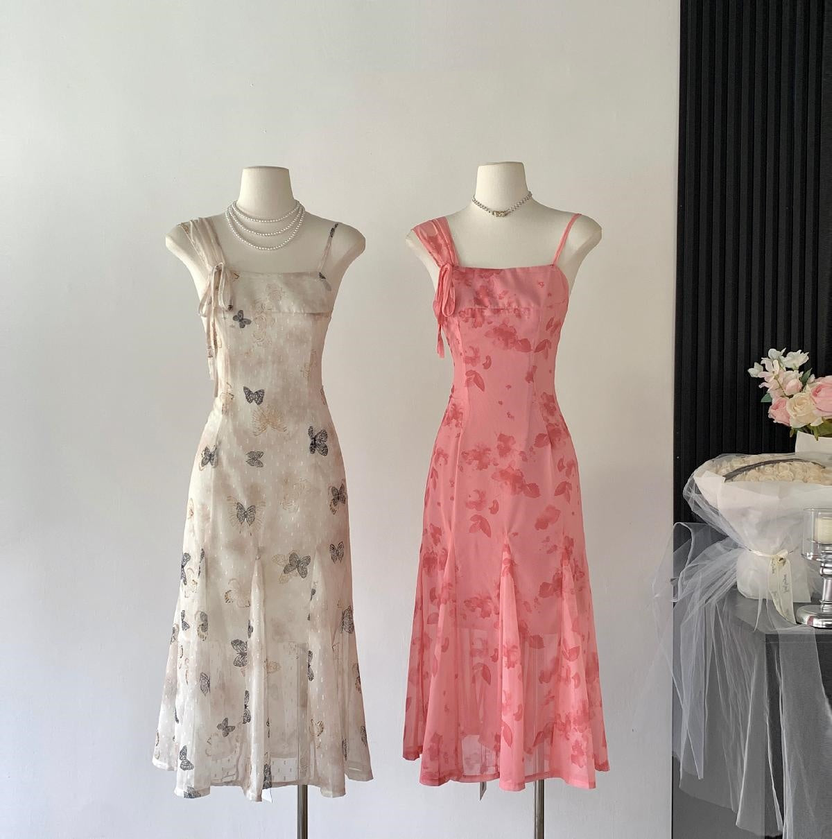 Sexy A line Spaghetti Straps Floral Long Pink Floral Dress Holiday Party Outfits For Women DP0032