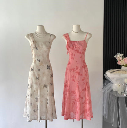 Sexy A line Spaghetti Straps Floral Long Pink Floral Dress Holiday Party Outfits For Women DP0032