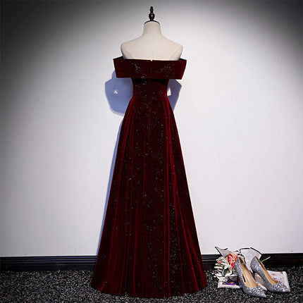 A line Off The Shoulder Burgundy Prom Dresses Sexy Evening Dress SH080