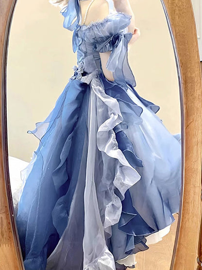 Vintage High Low Off The Shoulder Short Sleeves 16th Blue Birthday Dress Lolita Dress Birthday Outfits DP0224