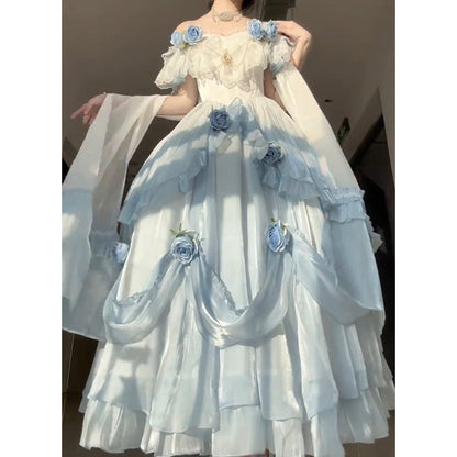Vintage Ball Gown Off The Shoulder Short Sleeves 16th Blue Birthday Dress Lolita Summer Dress 18th Birthday Outfits W1134