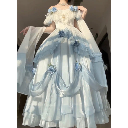 Vintage Ball Gown Off The Shoulder Short Sleeves 16th Blue Birthday Dress Lolita Summer Dress 18th Birthday Outfits W1134