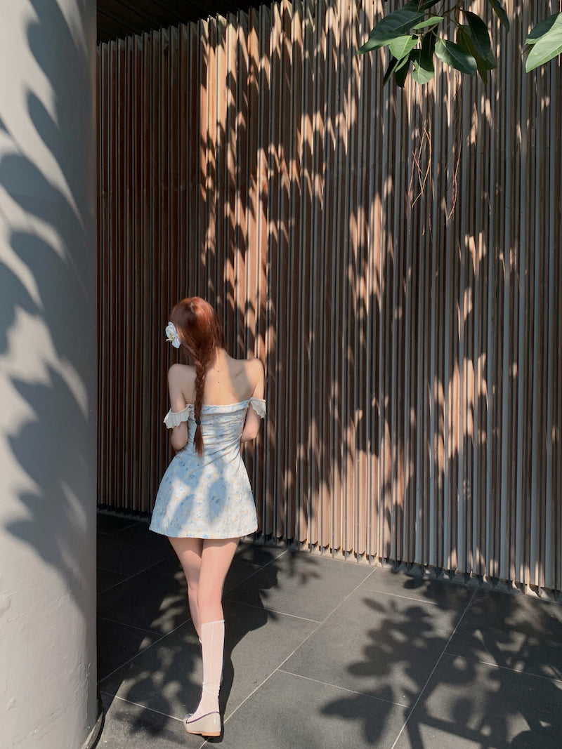 French blue floral A-line V-neck dress ED0807