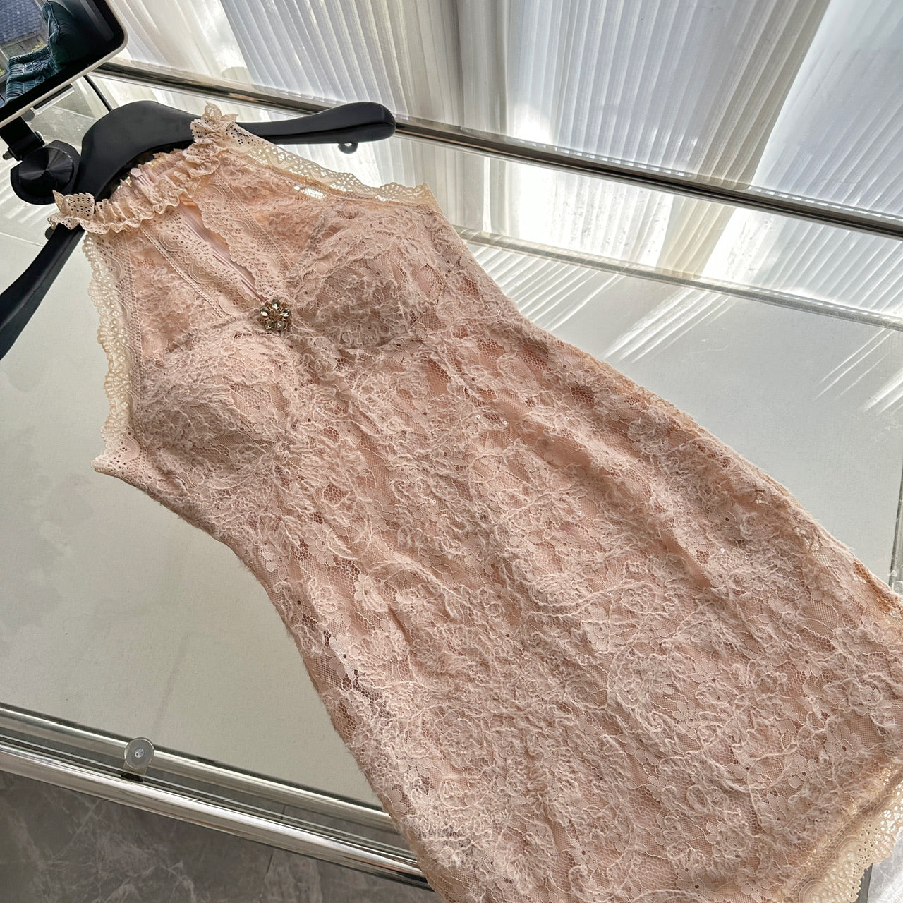 Sexy Sheath Jewel Floral Pink Lace Summer Dress Holiday Party Outfits For Women DP0087