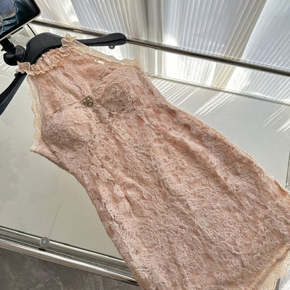 Sexy Sheath Jewel Floral Pink Lace Summer Dress Holiday Party Outfits For Women DP0087