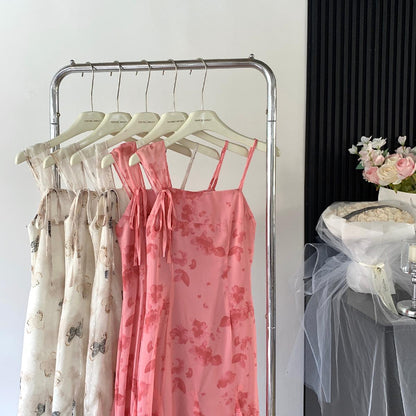 Sexy A line Spaghetti Straps Floral Long Pink Floral Dress Holiday Party Outfits For Women DP0032