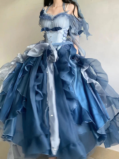 Vintage Ball Gown Off The Shoulder Short Sleeves Blue 16th Chiffon Birthday Dress Lolita Dress 18th Birthday Outfits W1132