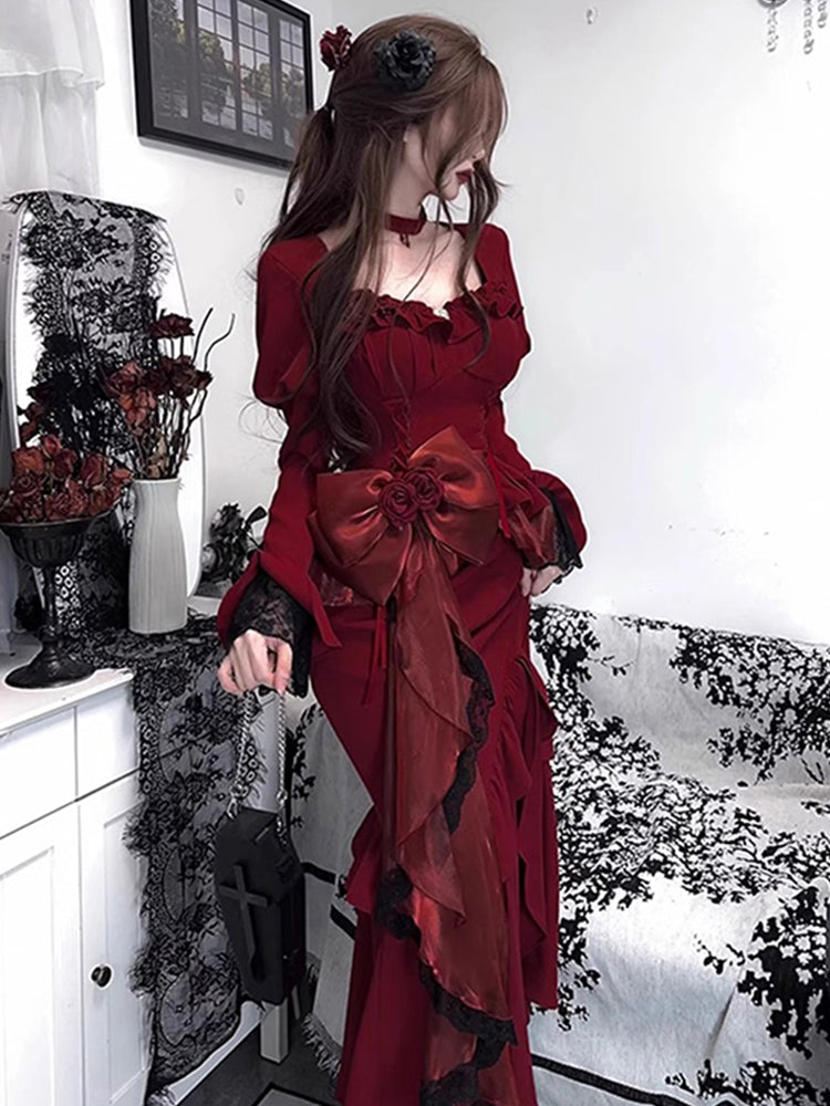 Vintage Mermaid Sweetheart Long Sleeves Burgundy Black Lace Summer 18th Birthday Dress Lolita Dress Birthday Outfits W1133
