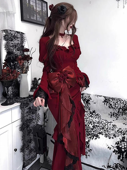 Vintage Mermaid Sweetheart Long Sleeves Burgundy Black Lace Summer 18th Birthday Dress Lolita Dress Birthday Outfits W1133