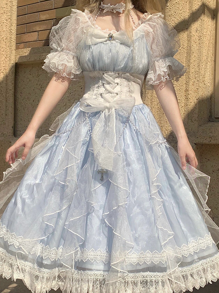 Sweet A line Blue Lace Tulle Short Sleeves 16th Birthday Dress Lolita Dresses Summer Birthday Outfits W1138