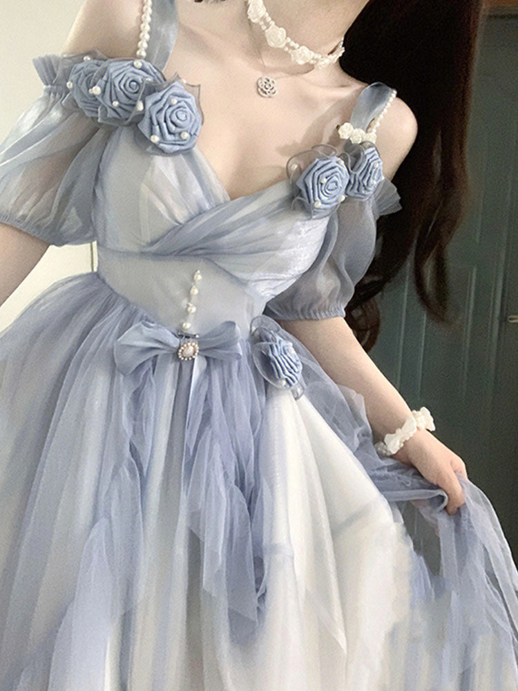 Sweet A line Sweetheart Blue Chiffon Floral Long 16th Birthday Dress Lolita Dress Birthday Outfits W1128