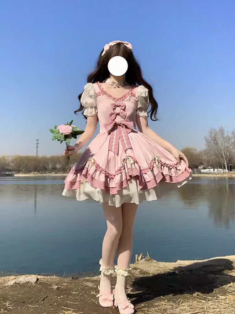 Sweet Ball Gown Lolita Outfits Short Sleeves Pink 16th Birthday Dress Lolita Summer Dress Birthday Outfits W1125