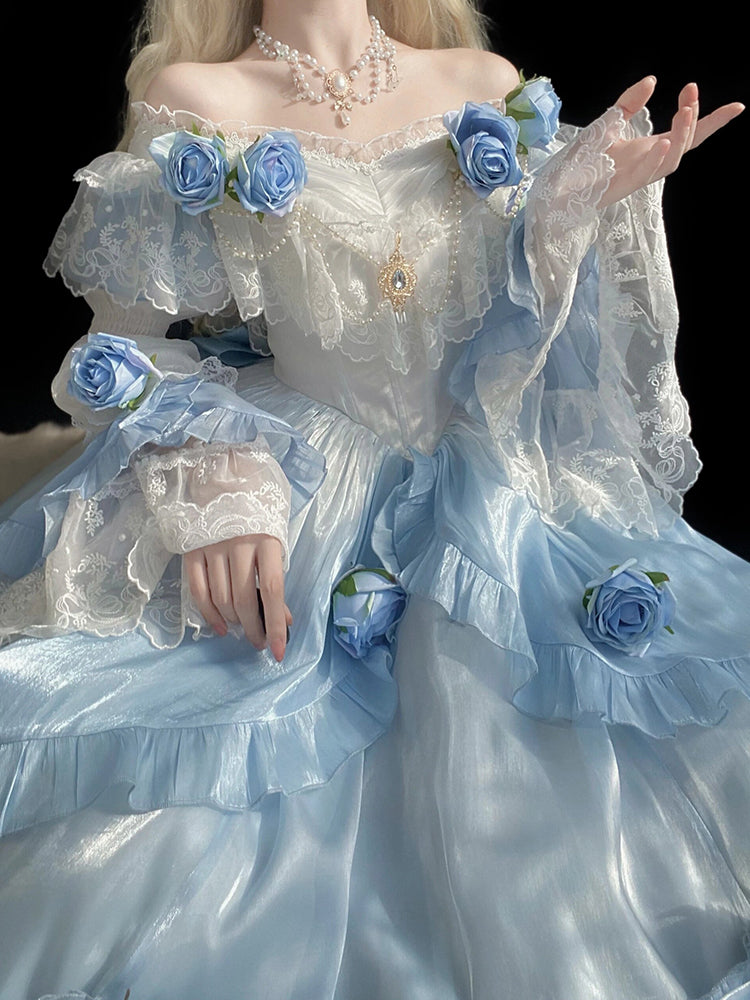 Vintage Ball Gown Off The Shoulder Short Sleeves 16th Blue Birthday Dress Lolita Summer Dress Birthday Outfits W1126