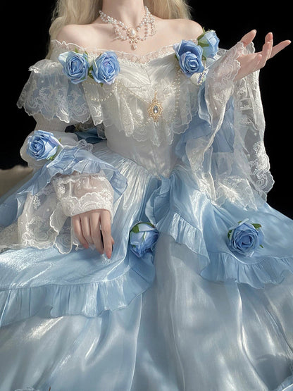 Vintage Ball Gown Off The Shoulder Short Sleeves 16th Blue Birthday Dress Lolita Summer Dress Birthday Outfits W1126