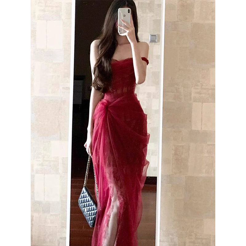 Vintage Sheath Off The Shoulder Lace Burgundy 22th Birthday Dress Party Dress Cute Evening Outfits DH2443