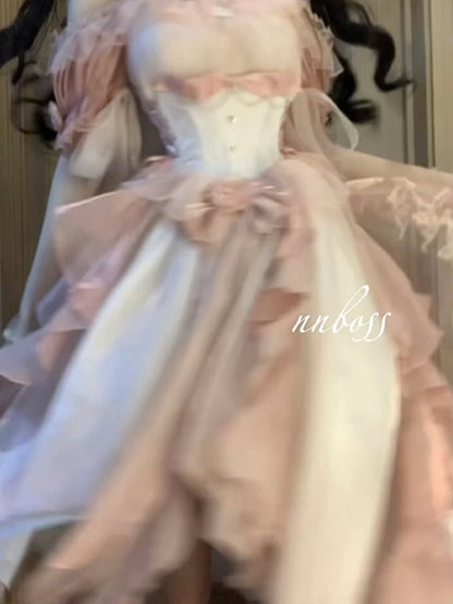 Princess Ball Gown Off The Shoulder Short Sleeves Ombre Pink Floral 16th Chiffon Birthday Dress Lolita Dress 18th Birthday Outfits W1197