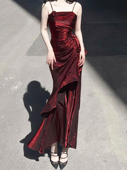 Vintage Mermaid Spaghetti Straps Burgundy Long Summer 18th Birthday Dress Lolita Dresses Birthday Outfits W1217