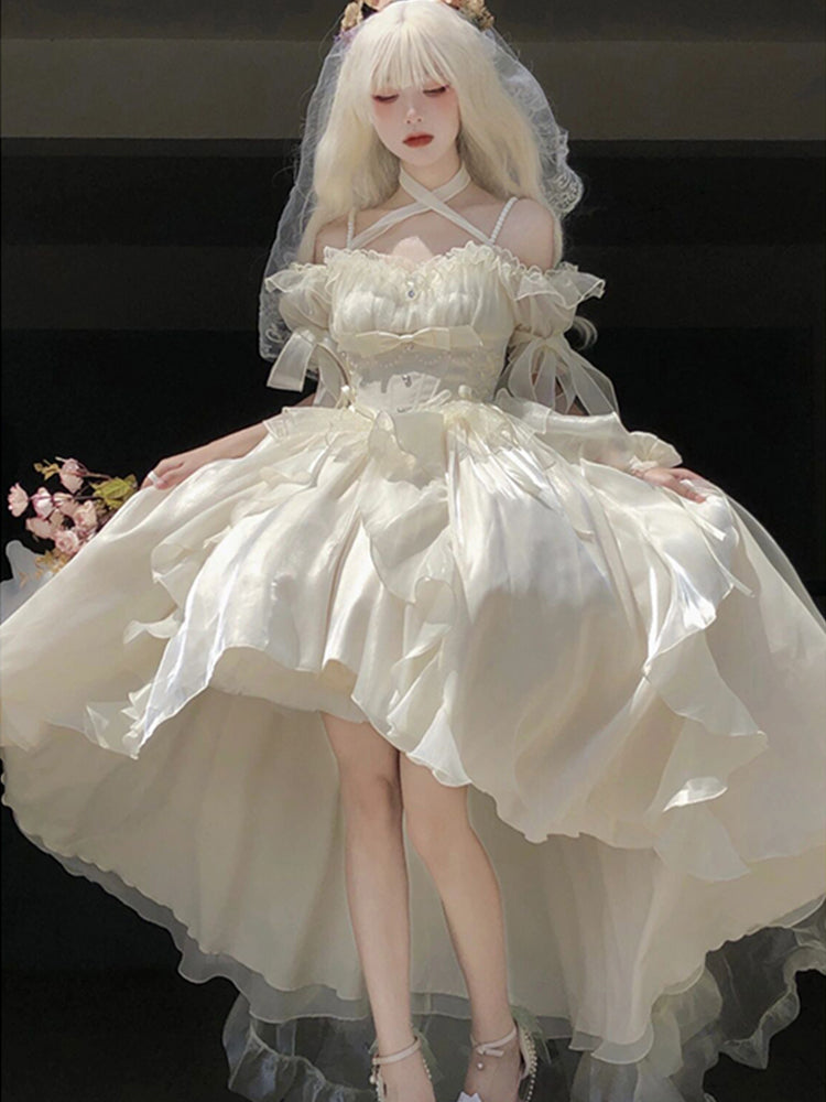 Princess Ball Gown Off The Shoulder Short Sleeves Ivory Floral 16th Chiffon Birthday Dress Lolita Dress 18th Birthday Outfits W1201