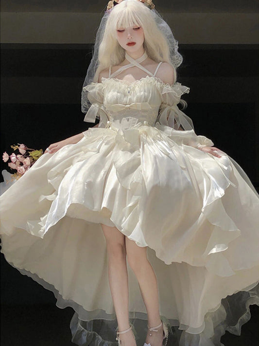Princess Ball Gown Off The Shoulder Short Sleeves Ivory Floral 16th Chiffon Birthday Dress Lolita Dress 18th Birthday Outfits W1201