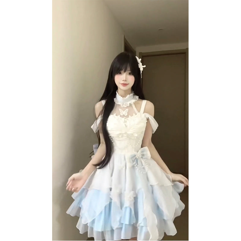 Vintage Ball Gown High Neck Light Sky Blue Chiffon Short Summer 18th Birthday Dress Lolita Dress Birthday Outfits W1208
