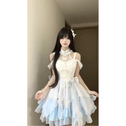 Vintage Ball Gown High Neck Light Sky Blue Chiffon Short Summer 18th Birthday Dress Lolita Dress Birthday Outfits W1208