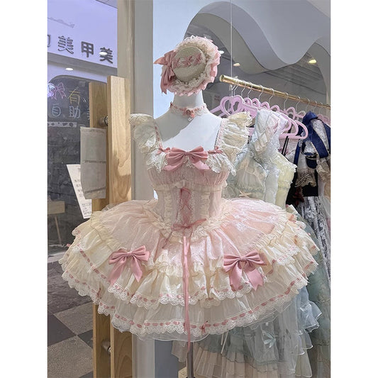 Sweet Ball Gown Square Neck Pink Lace Short 16th Birthday Dress Lolita Dress Birthday Outfits W1207