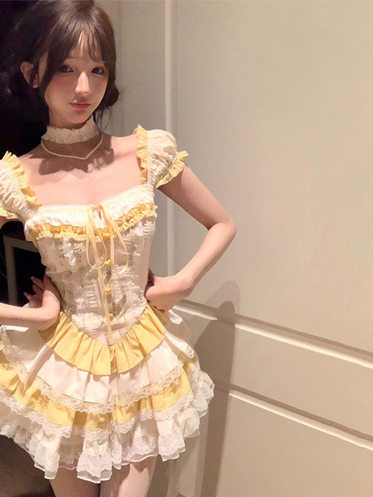 Sweet Ball Gown Square Neck Yellow Lace Short 16th Birthday Dress Lolita Dress Birthday Outfits W1214