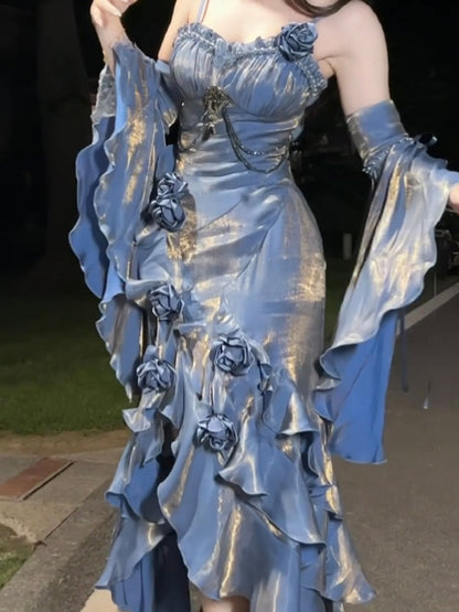 Vintage Mermaid Spaghetti Straps Blue Long Summer 18th Birthday Dress Lolita Dresses Birthday Outfits W1225