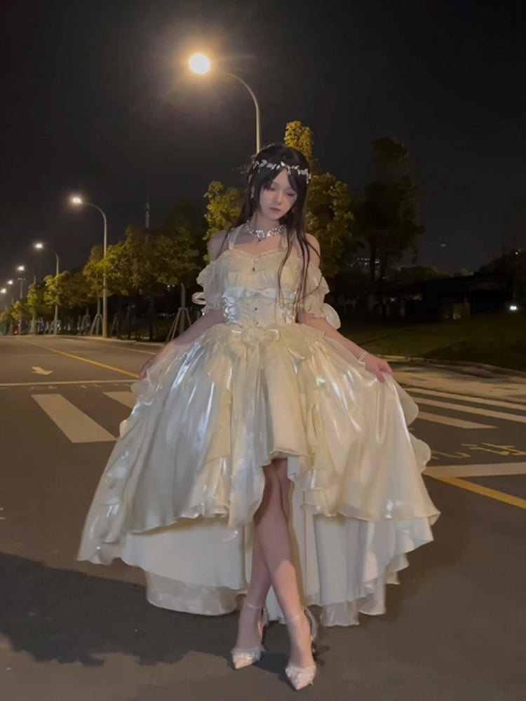 Princess High Low Off The Shoulder Short Sleeves Ivory Floral 16th Chiffon Birthday Dress Lolita Dress 18th Birthday Outfits W1220