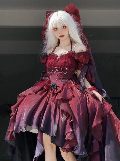 Beautiful High Low Off The Shoulder Short Sleeves Ombre Burgundy Floral 16th Chiffon Birthday Dress Lolita Dress 18th Birthday Outfits W1222