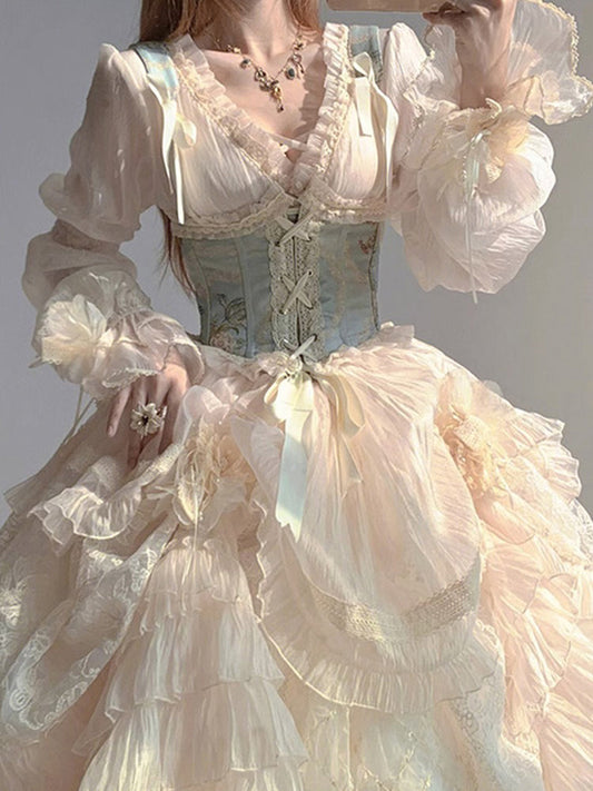 Retro Ball Gown V Neck Long Sleeves White Rose Floral 16th Chiffon Birthday Dress Lolita Dress 18th Birthday Outfits W1213