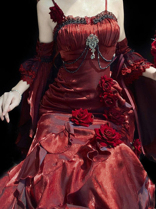 Vintage Mermaid Spaghetti Straps Burgundy Summer 18th Wine Red With Sleeves Birthday Dress Lolita Dress Birthday Outfits W1203