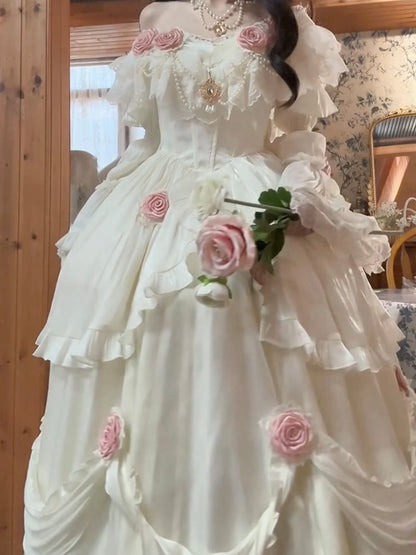 Retro Ball Gown Off The Shoulder Short Sleeves White Rose Floral 16th Chiffon Birthday Dress Lolita Dress 18th Birthday Outfits W1212