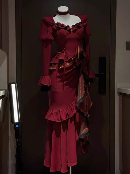 Vintage Mermaid Sweetheart Long Sleeves Burgundy Black Lace Summer 18th Birthday Dress Lolita Dress Birthday Outfits W1215