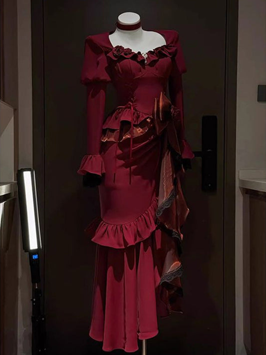 Vintage Mermaid Sweetheart Long Sleeves Burgundy Black Lace Summer 18th Birthday Dress Lolita Dress Birthday Outfits W1215