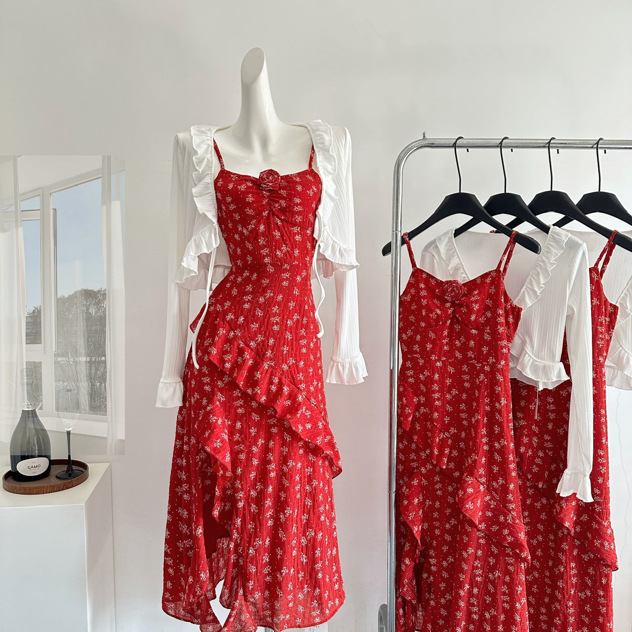 Sexy A Line Spaghetti Straps Floral Red Summer Dress Holiday Party Outfits For Women DP0128