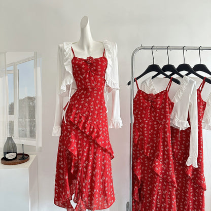 Sexy A Line Spaghetti Straps Floral Red Summer Dress Holiday Party Outfits For Women DP0128