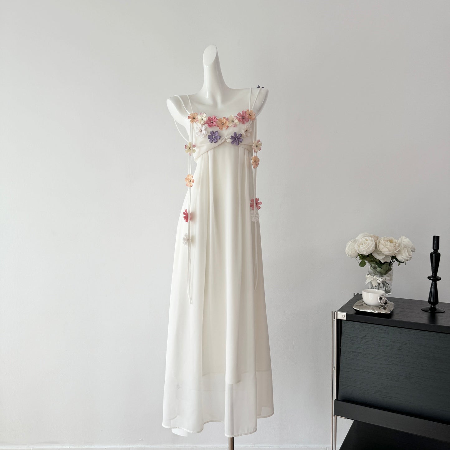 Cute A Line Spaghetti Straps Floral White Chiffon Summer Dress Holiday Party Outfits For Women DP0129