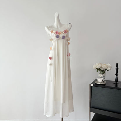 Cute A Line Spaghetti Straps Floral White Chiffon Summer Dress Holiday Party Outfits For Women DP0129